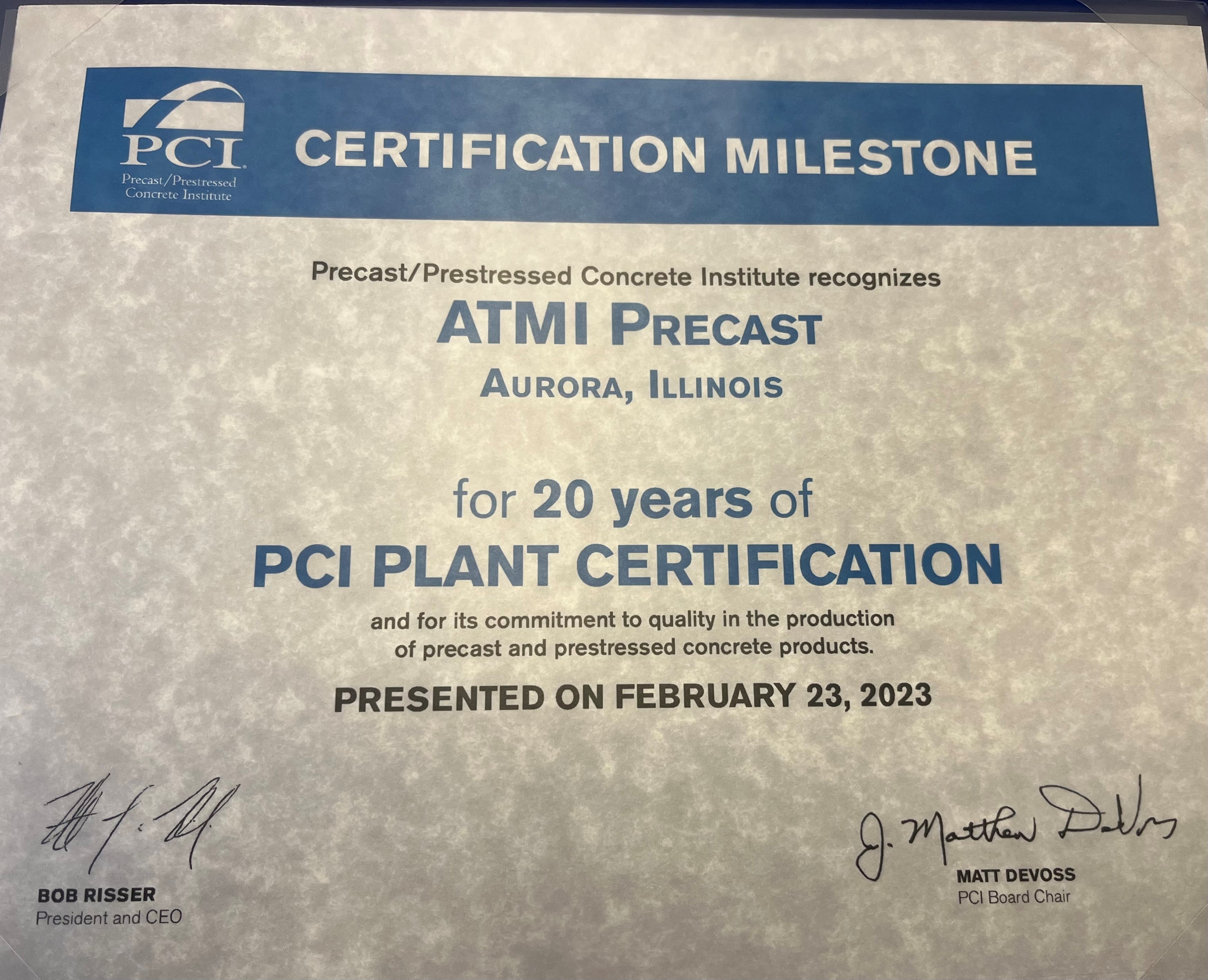 PCI 20 Year Plant Certification