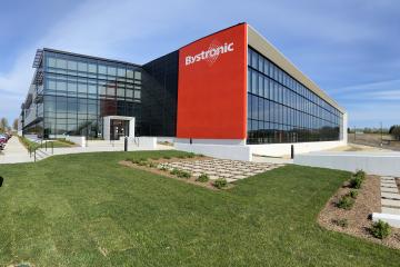 Bystronic building in Hoffman Estates with red entry