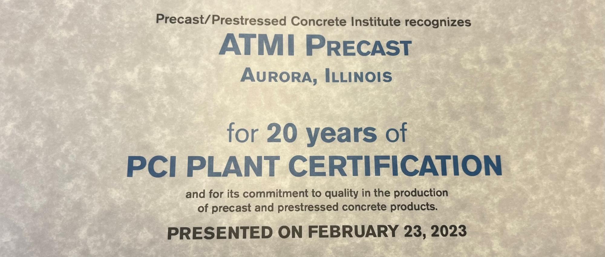 PCI 20 Year Plant Certification